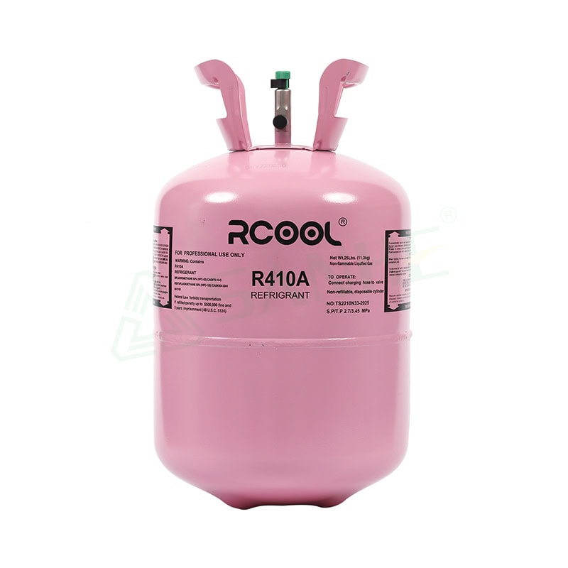 Pink R410A refrigerant gas cylinder with valve and labels, used in HVAC systems for cooling and refrigeration.